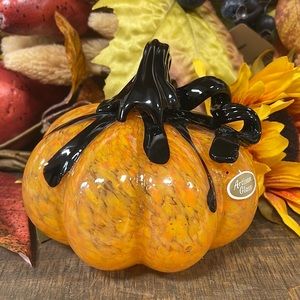 🎃ORANGE+BLACK STEM Artisan Hand Blown Glass Fall Harvest Pumpkin Decor 5”NWT🏷️